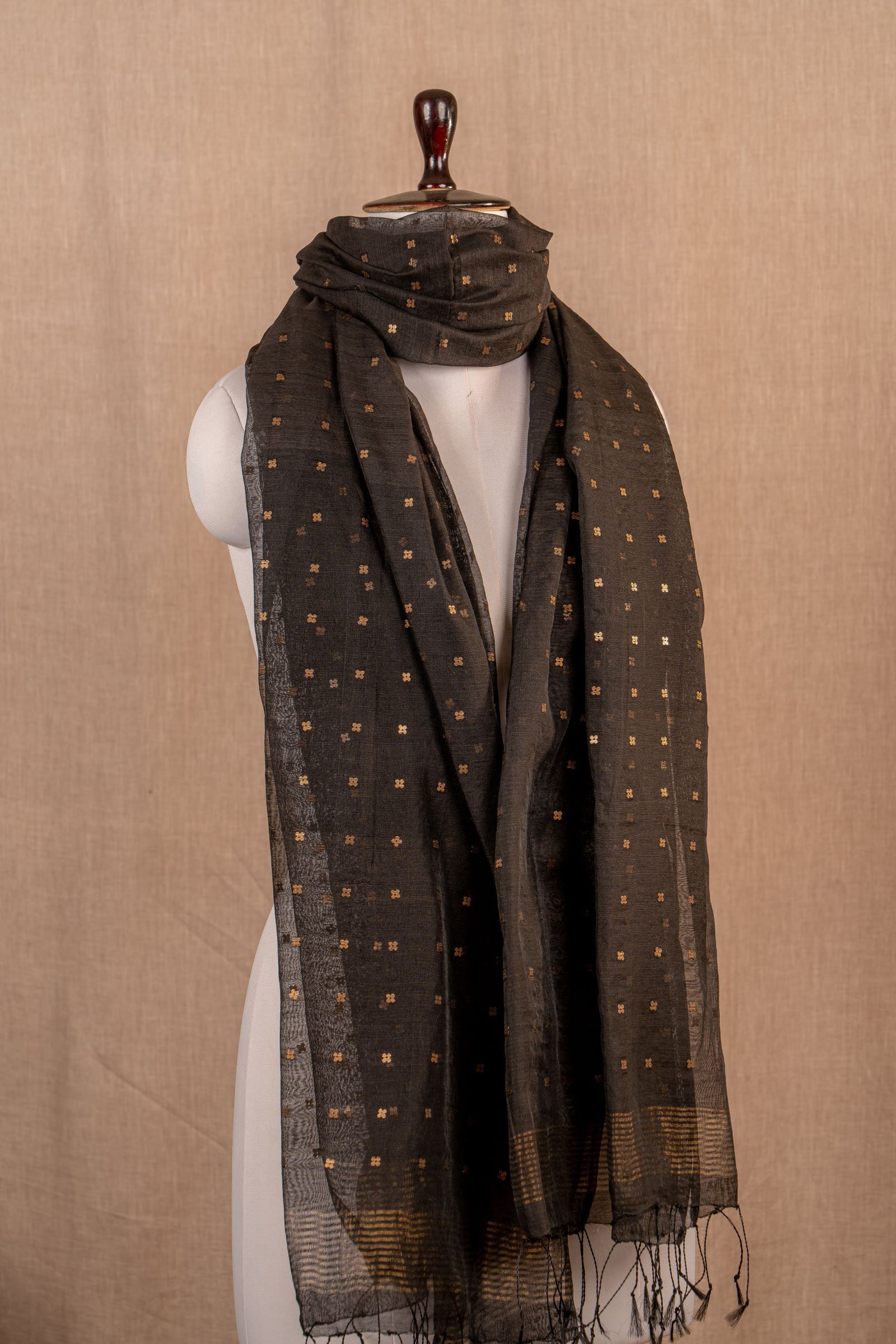Black Cotton Silk Handwoven Metal Sequnce Work