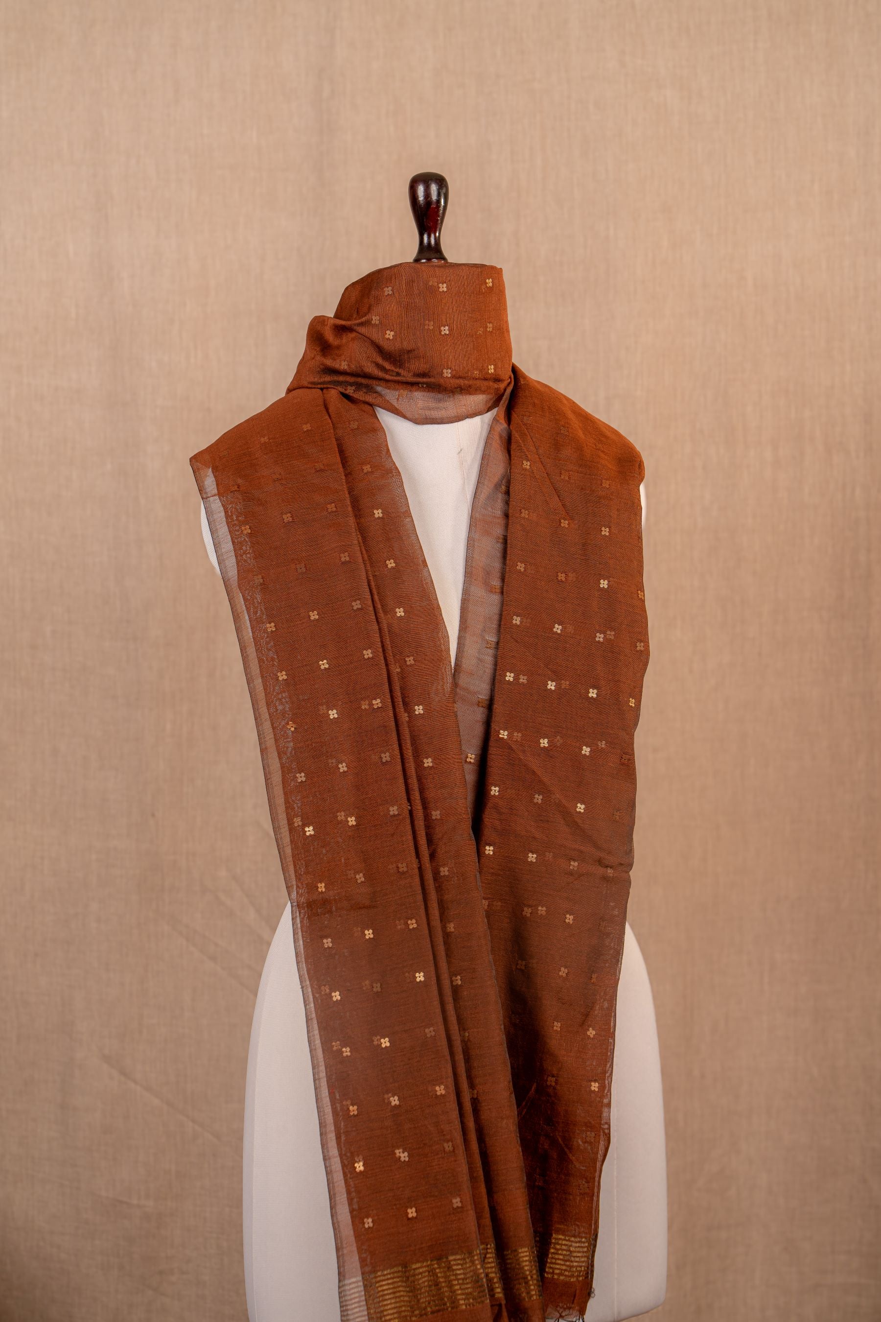 Brown Cotton Silk Handwoven Metal Sequnce Work