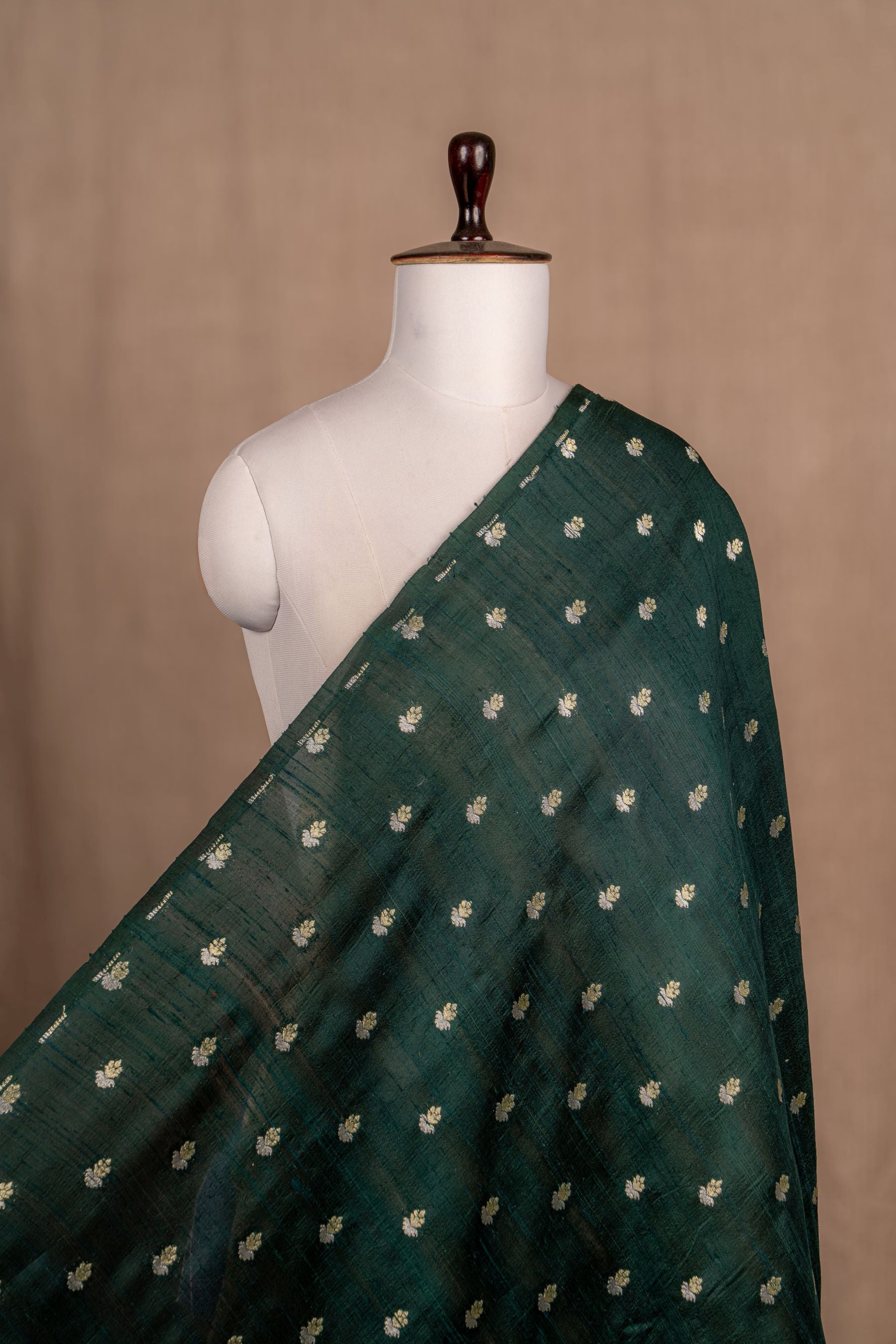 Bottle Green Cutwork Buti Raw Silk Handwoven