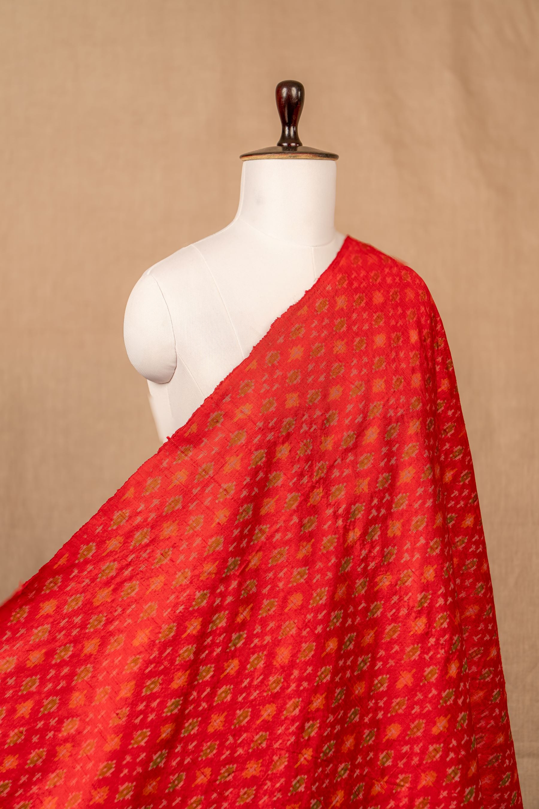 Red Ikat Raw Silk Tye And Die