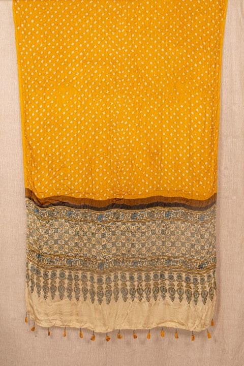 Yellow Handblock/Tie And Dye Modal Silk Ajrakh/Bandhani