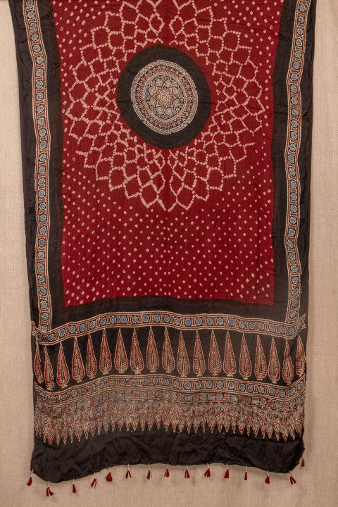 Maroon Handblock/Tie And Dye Modal Silk Ajrakh/Bandhani
