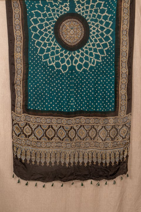 Peacock Green Handblock/Tie And Dye Modal Silk Ajrakh/Bandhani