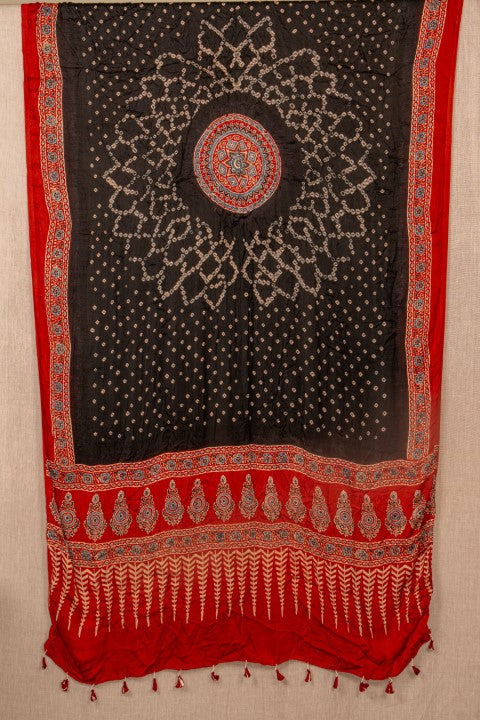 Black Handblock/Tie And Dye Modal Silk Ajrakh/Bandhani
