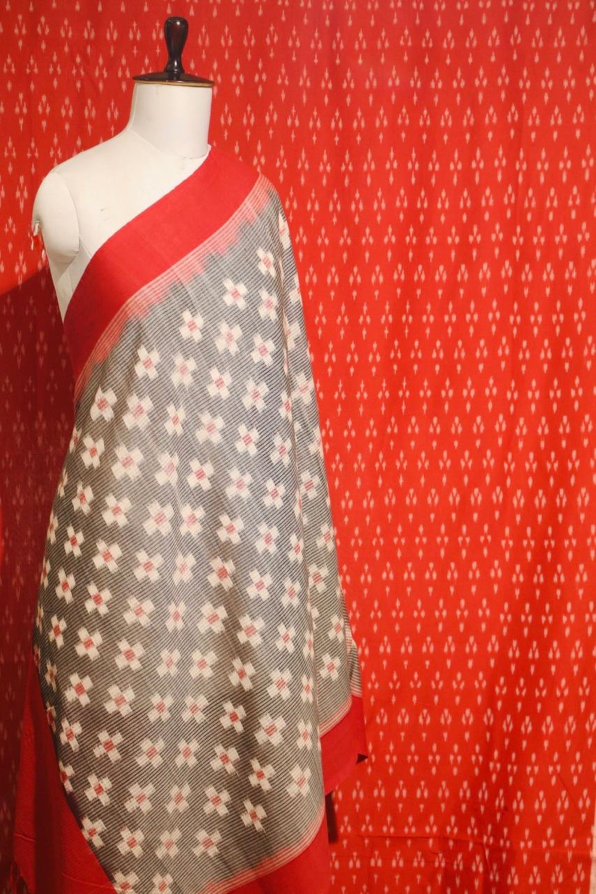 Red Ikat Top & Gray Ikat Dupatta