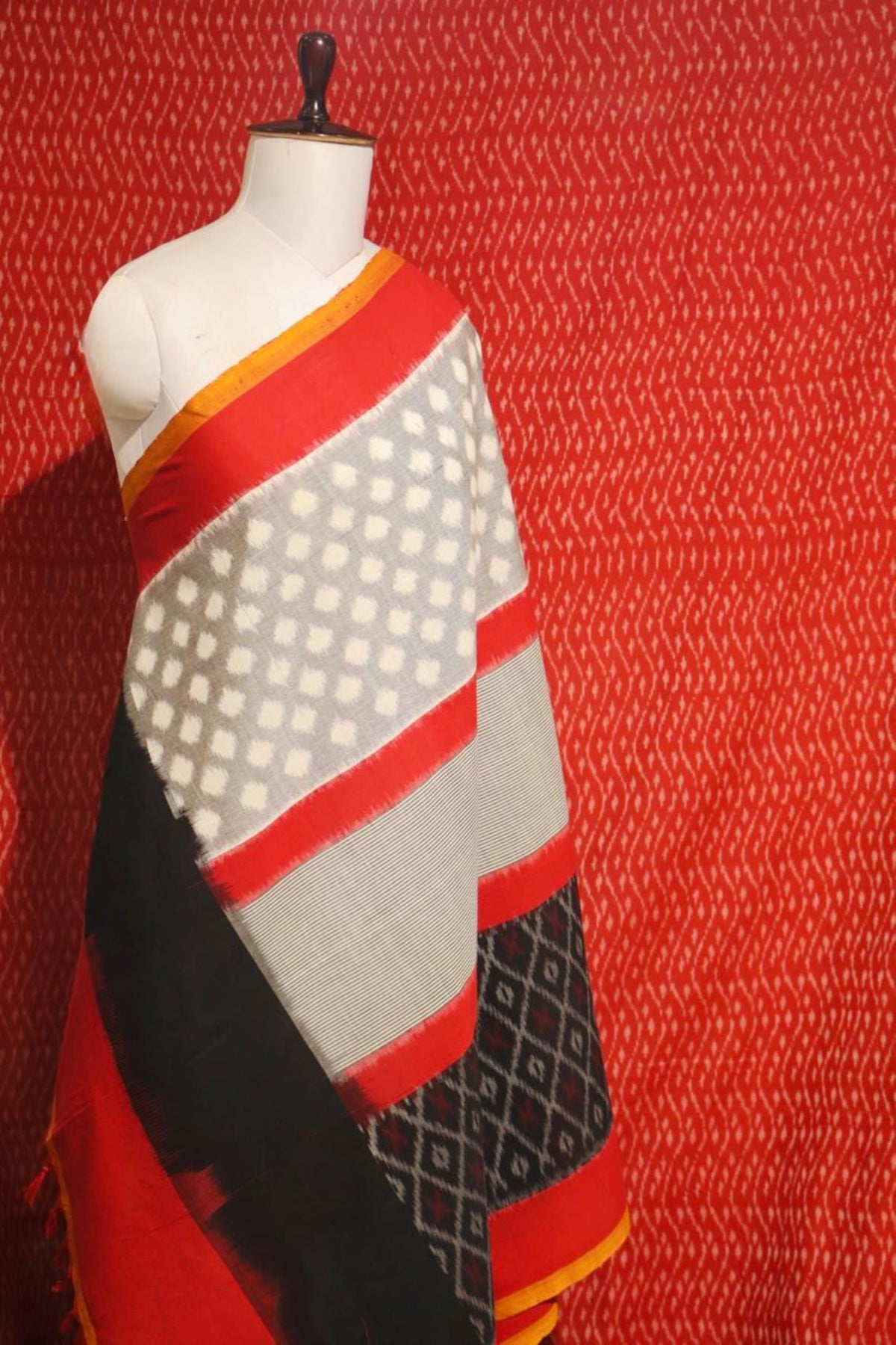 Red Ikat Top & Black Ikat Dupatta